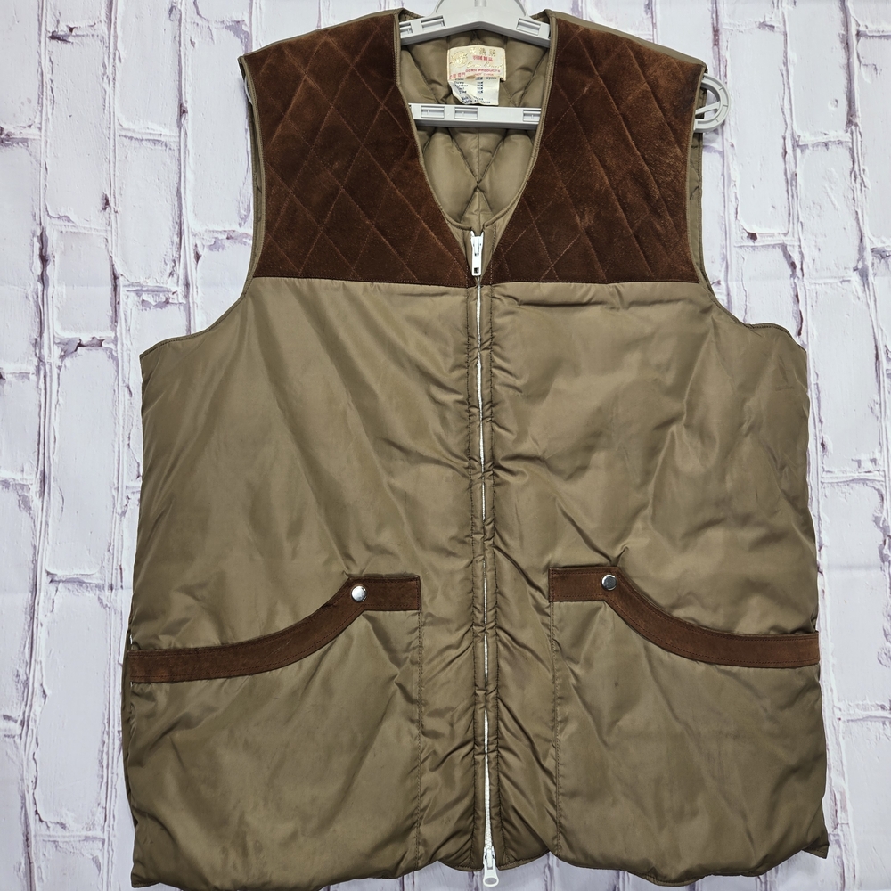 Vintage Swan Brand Down Feather Quilted Hunting Vest Mens Sz Large Nylon Leather